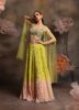 Woman wearing a lime yellow to peach ombre crushed lehenga with multicolor embroidered blouse and sheer net cape sleeves, posing against a backdrop with large pastel flowers