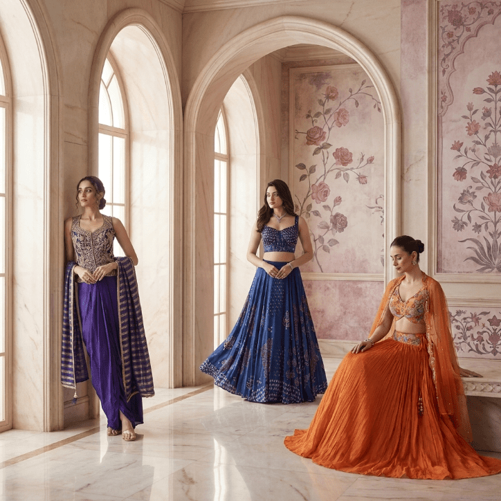 Three women wearing traditional Indian outfits including lehenga, sharara, and skirt set in a pastel palace interior with arches and floral walls