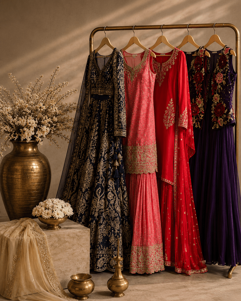 A curated collection of embroidered lehengas, dresses, and designer suits in navy blue, pink, red, and purple displayed on wooden hangers with elegant floral and brass décor in a luxurious studio setting.